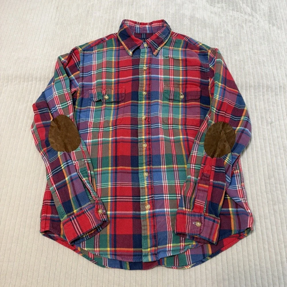 Polo Ralph Lauren L Plaid Flannel Shirt Elbow Patch Button Front Long Sleeve